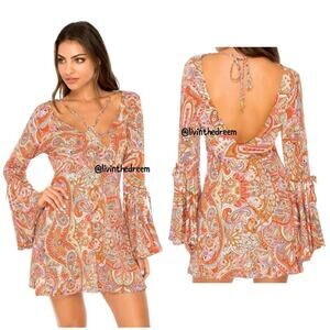 Luli Fama ANDALUZ V Neck Bell Sleeve Short Dress SZ L $145